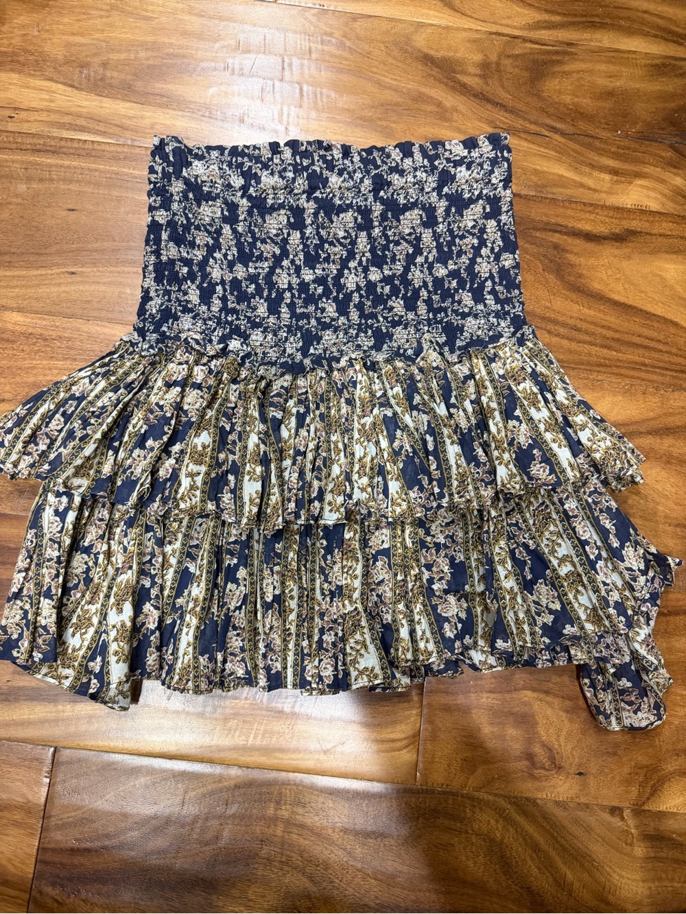 Isabel Marant Navy and Cream Floral Smocked Tiered Mini Skirt